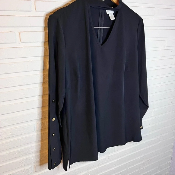 Chico’s Black Choker Neck Gold Faux Button Long Sleeve Blouse, Women’s Size 12 - Picture 2 of 12